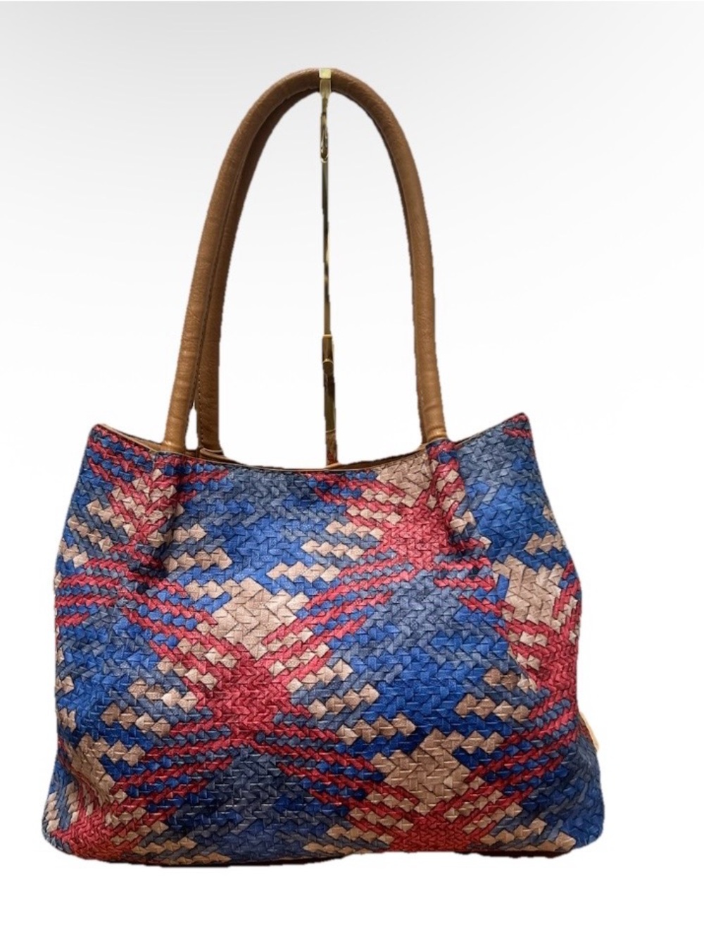 Bueno Leather Woven Pattern Boho Tote Bag Blue, Red & Tan nwot
